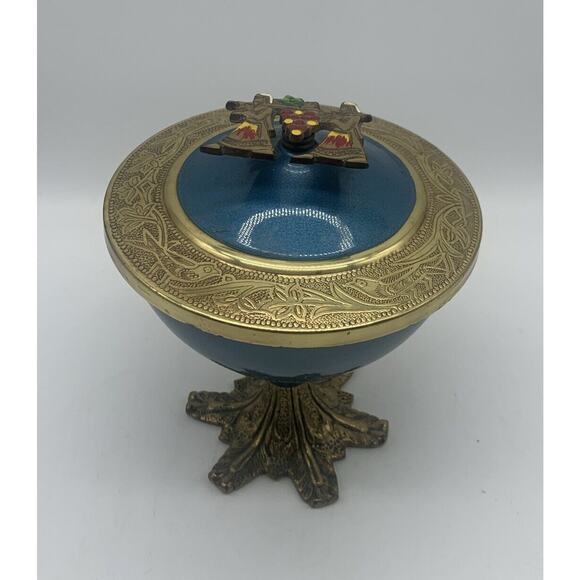 Vtg Wailing Wall ISRAEL BLUE ENAMEL Metal DISH COVERED COMPOTE JUDAICA - Picture 1 of 6